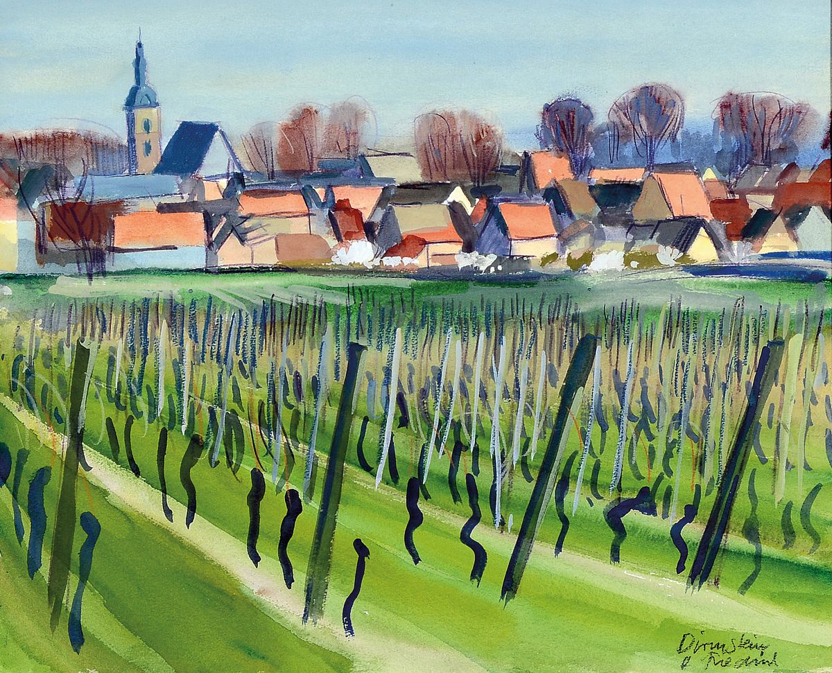 Heinz Friedrich, 1924-2018 Schwetzingen, Blick auf Dirmstein, Gouache auf Papier, signiert und bez. Dirmstein, ca. 39x48cm, PP, u.Gl., R. ca. 67x70cm