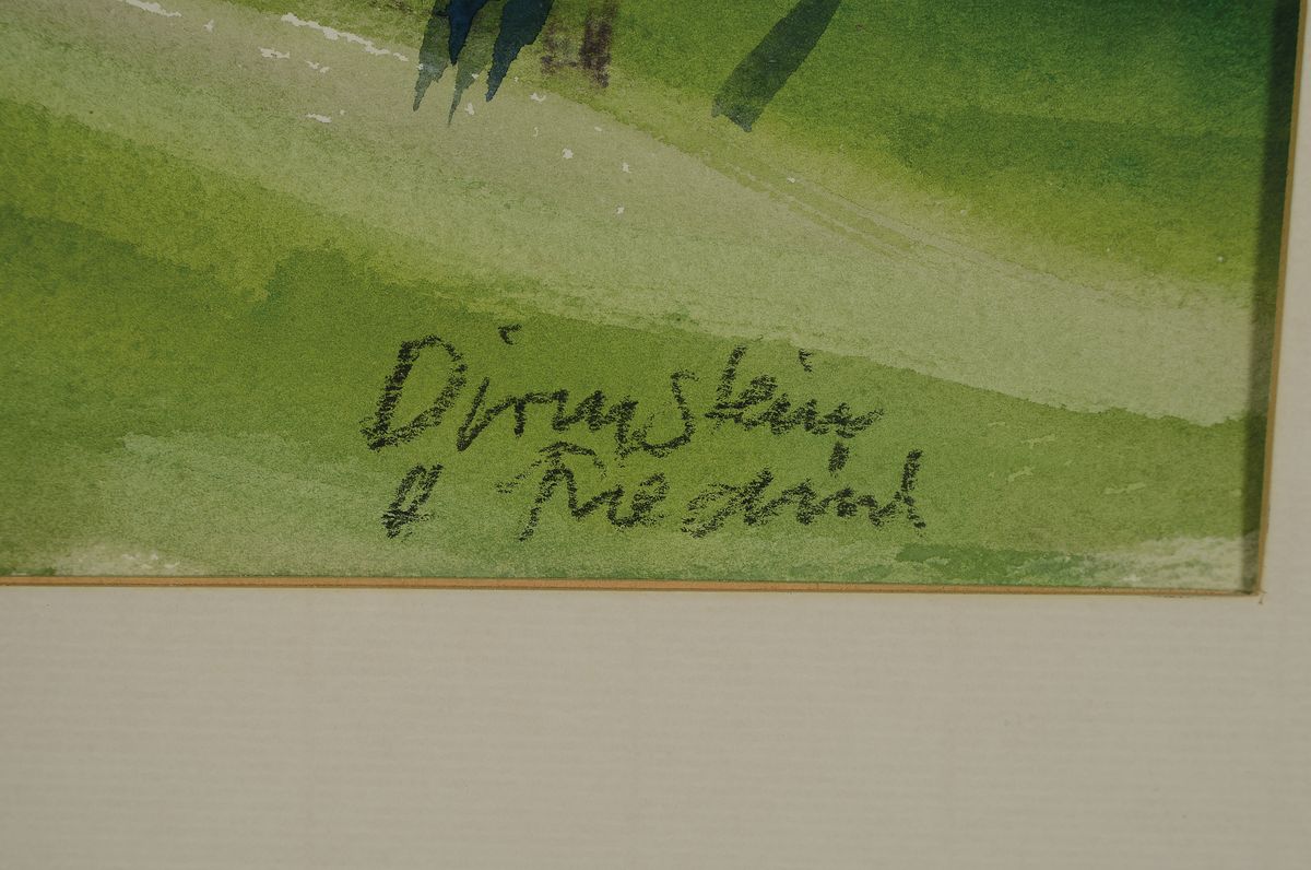 Detail a: Heinz Friedrich, 1924-2018 Schwetzingen, Blick auf Dirmstein, Gouache auf Papier, signiert und bez. Dirmstein, ca. 39x48cm, PP, u.Gl., R. ca. 67x70cm