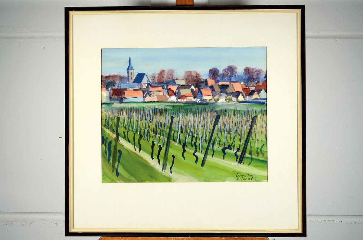 Detail k: Heinz Friedrich, 1924-2018 Schwetzingen, Blick auf Dirmstein, Gouache auf Papier, signiert und bez. Dirmstein, ca. 39x48cm, PP, u.Gl., R. ca. 67x70cm