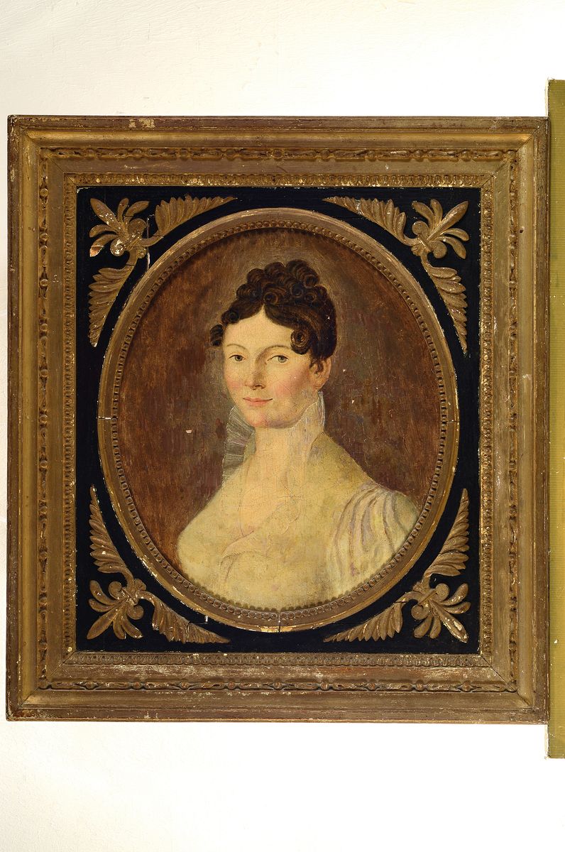 Detail k: Unbekannter Künstler, um 1780/1800, Damenporträt, Haartracht und Kleidung typ. fürdie Zeit des 1.Viertels des 19.Jh.: ausgeprägter Spitzenkragen ...