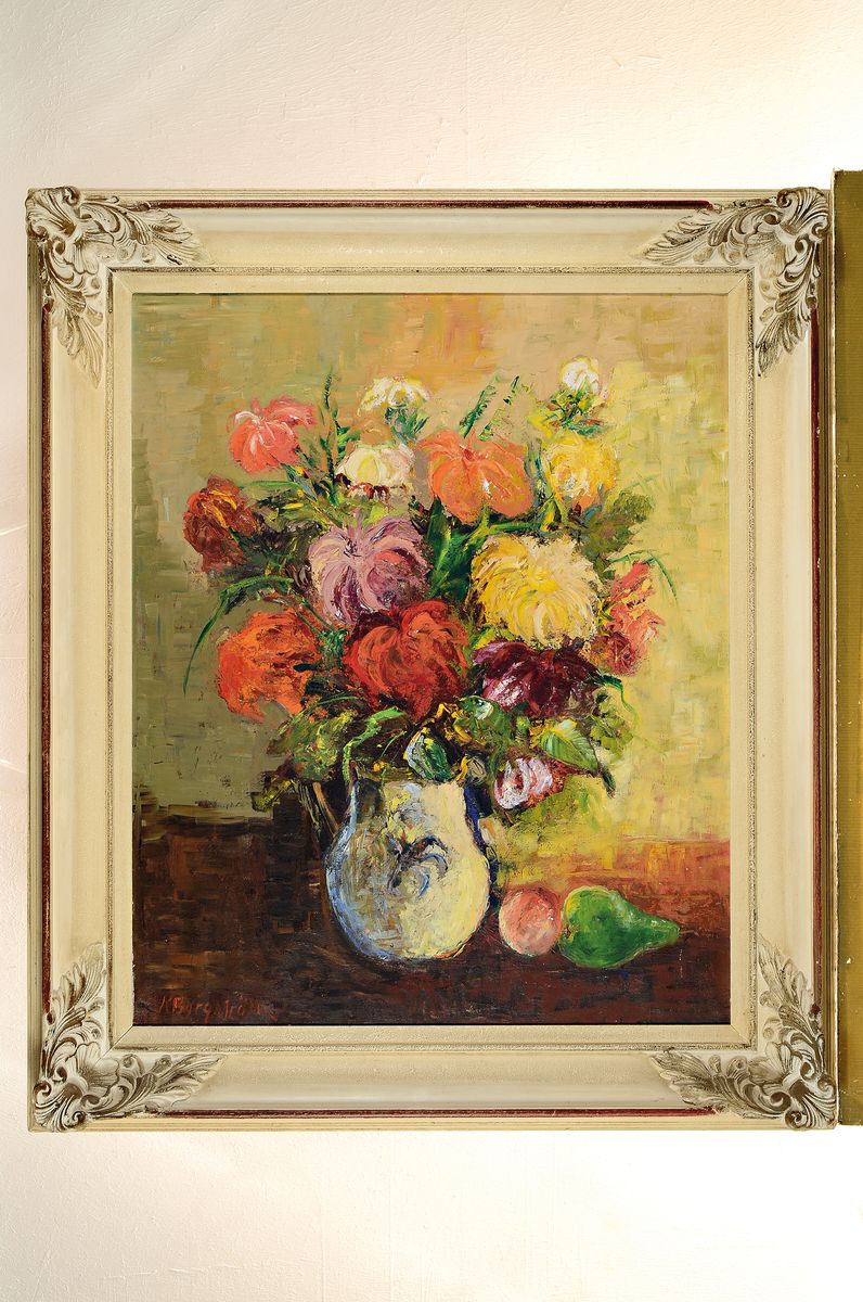 Detail k: K. Borgström, Künstler*in des 20.Jh., Blumenstillleben, links unten signiert, Öl/Lwd, Rahmen, ca. 78x66 cm