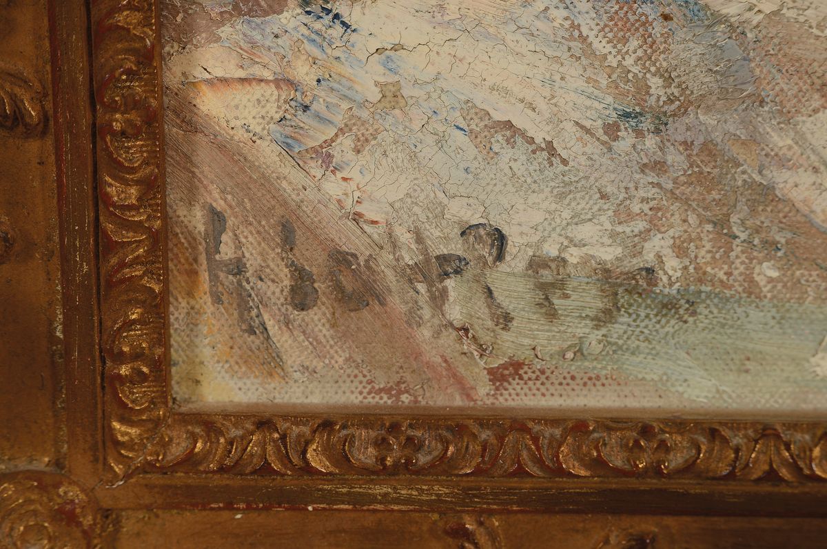Detail a: Hermann Sattler, 1892 Wunsredel - 1945 Wattersdorf, Münchener Schule, Meisterschüler von Heinrich Zügel, verschneites Alpendorf mit Ochsengespann ...