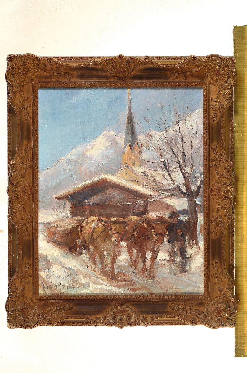Detail k: Hermann Sattler, 1892 Wunsredel - 1945 Wattersdorf, Münchener Schule, Meisterschüler von Heinrich Zügel, verschneites Alpendorf mit Ochsengespann ...