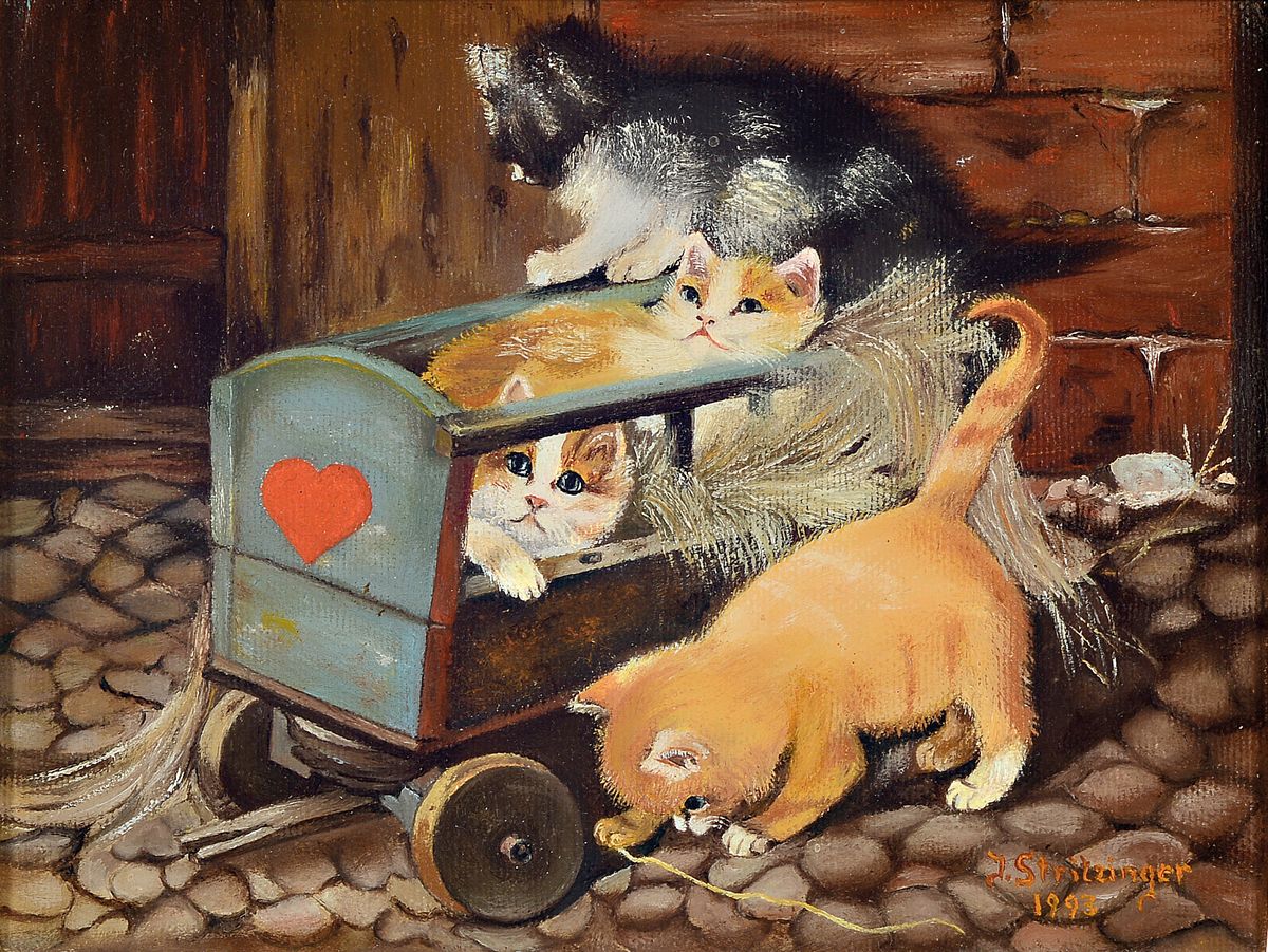 J. Stritzinger, nach Vorbild der Münchener Schule, 2. Hälfte 20. Jh., spielende Kätzchen mit Leiterwagen, Öl/Lwd, re. u. signiert, ca. 15 x 20 ...