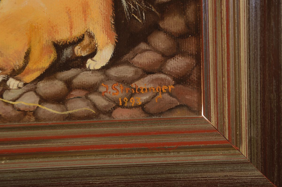 Detail a: J. Stritzinger, nach Vorbild der Münchener Schule, 2. Hälfte 20. Jh., spielende Kätzchen mit Leiterwagen, Öl/Lwd, re. u. signiert, ca. 15 x 20 ...