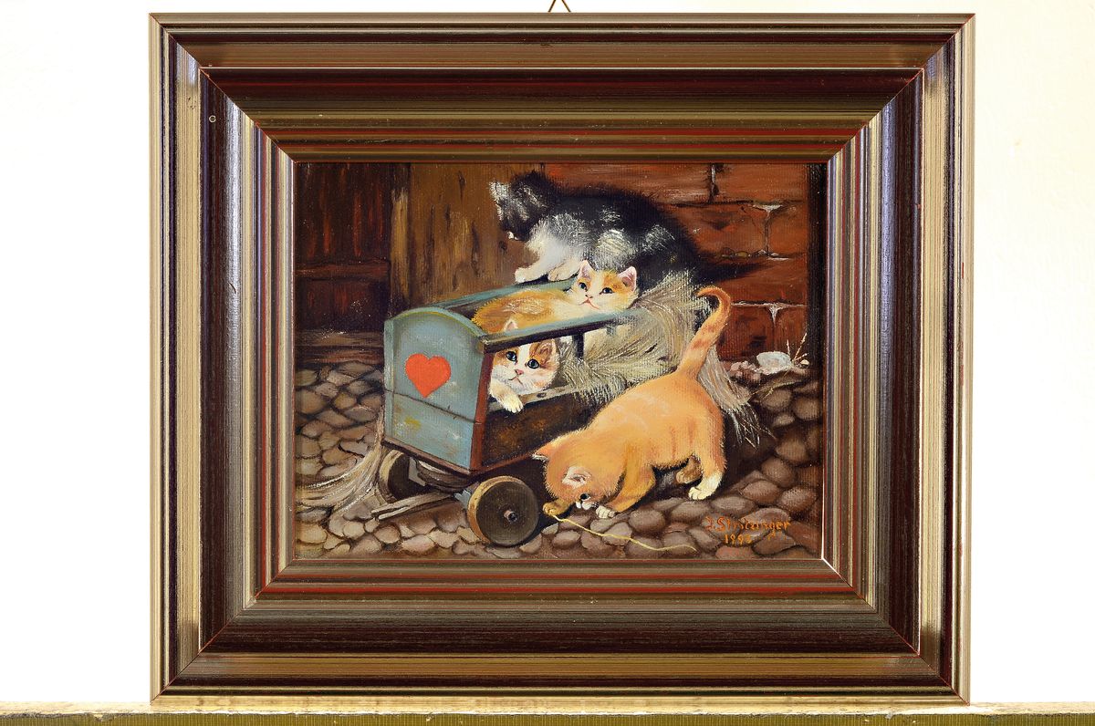 Detail k: J. Stritzinger, nach Vorbild der Münchener Schule, 2. Hälfte 20. Jh., spielende Kätzchen mit Leiterwagen, Öl/Lwd, re. u. signiert, ca. 15 x 20 ...