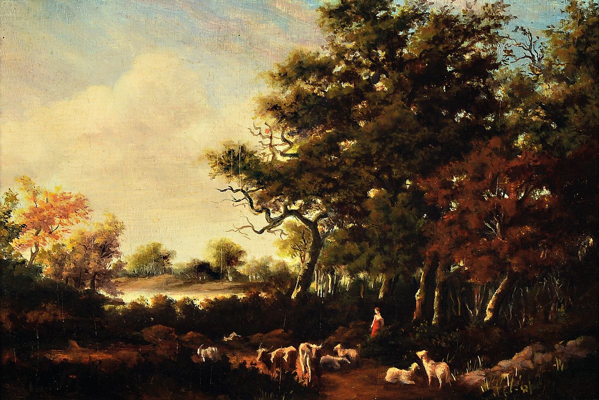 Unbekannter Künstler des späten 19.Jh., bukolische Szene, Vieh mit Hirtin in Waldlandschaft, Öl/Holz, rechts unten wohl Reste einer Signatur, ...