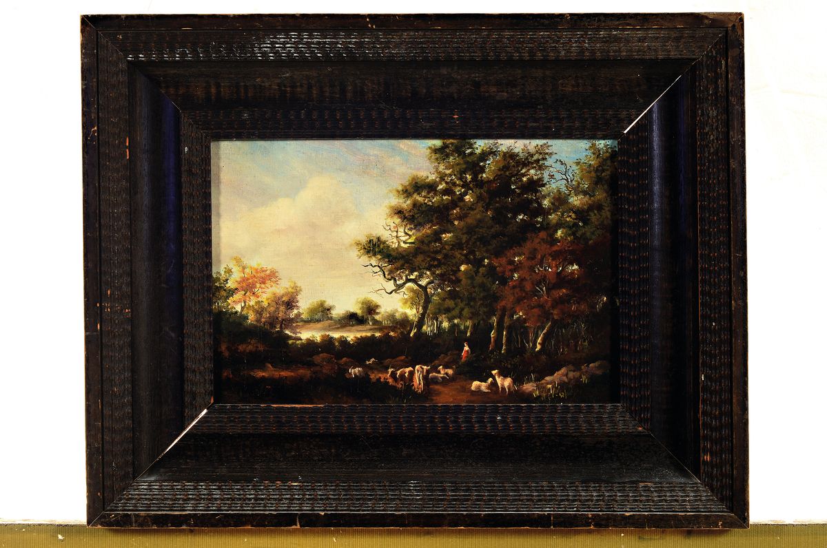 Detail k: Unbekannter Künstler des späten 19.Jh., bukolische Szene, Vieh mit Hirtin in Waldlandschaft, Öl/Holz, rechts unten wohl Reste einer Signatur, ...