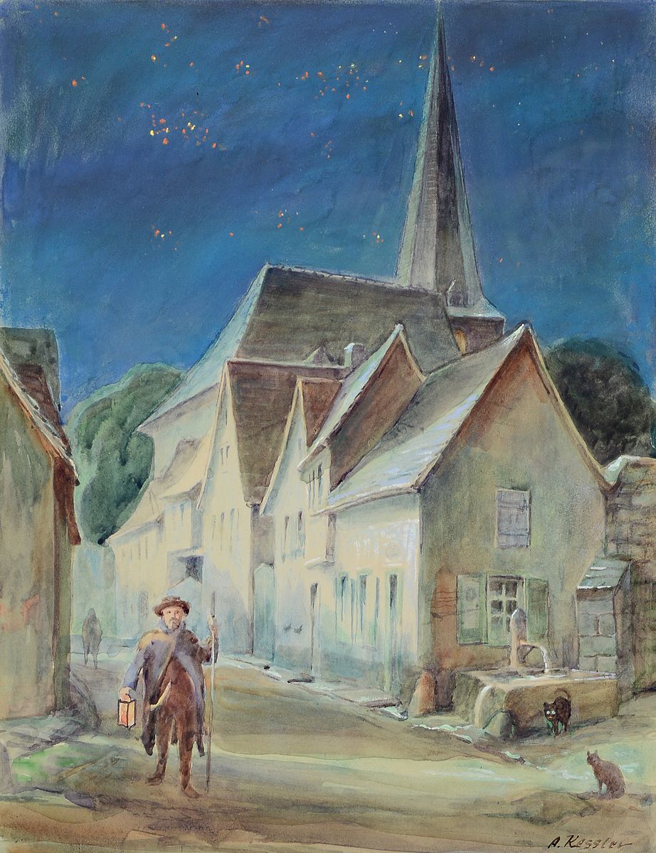 Adolf Kessler, 1890 Godramstein - 1974, "Räuschel Nachtwächter", rückseitig bezeichnetAquarell, rückseitig mit handgeschriebener Karte ...
