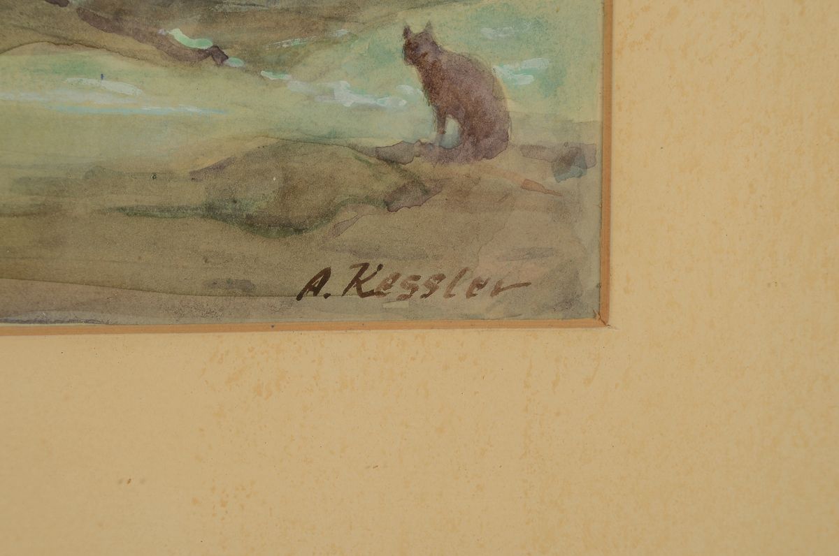 Detail a: Adolf Kessler, 1890 Godramstein - 1974, "Räuschel Nachtwächter", rückseitig bezeichnetAquarell, rückseitig mit handgeschriebener Karte ...