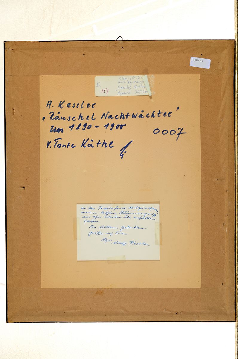 Detail b: Adolf Kessler, 1890 Godramstein - 1974, "Räuschel Nachtwächter", rückseitig bezeichnetAquarell, rückseitig mit handgeschriebener Karte ...