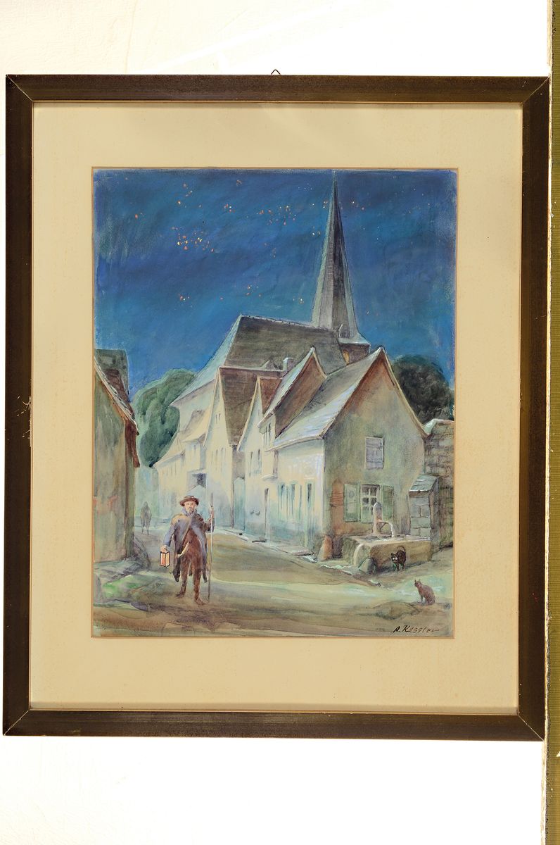 Detail k: Adolf Kessler, 1890 Godramstein - 1974, "Räuschel Nachtwächter", rückseitig bezeichnetAquarell, rückseitig mit handgeschriebener Karte ...