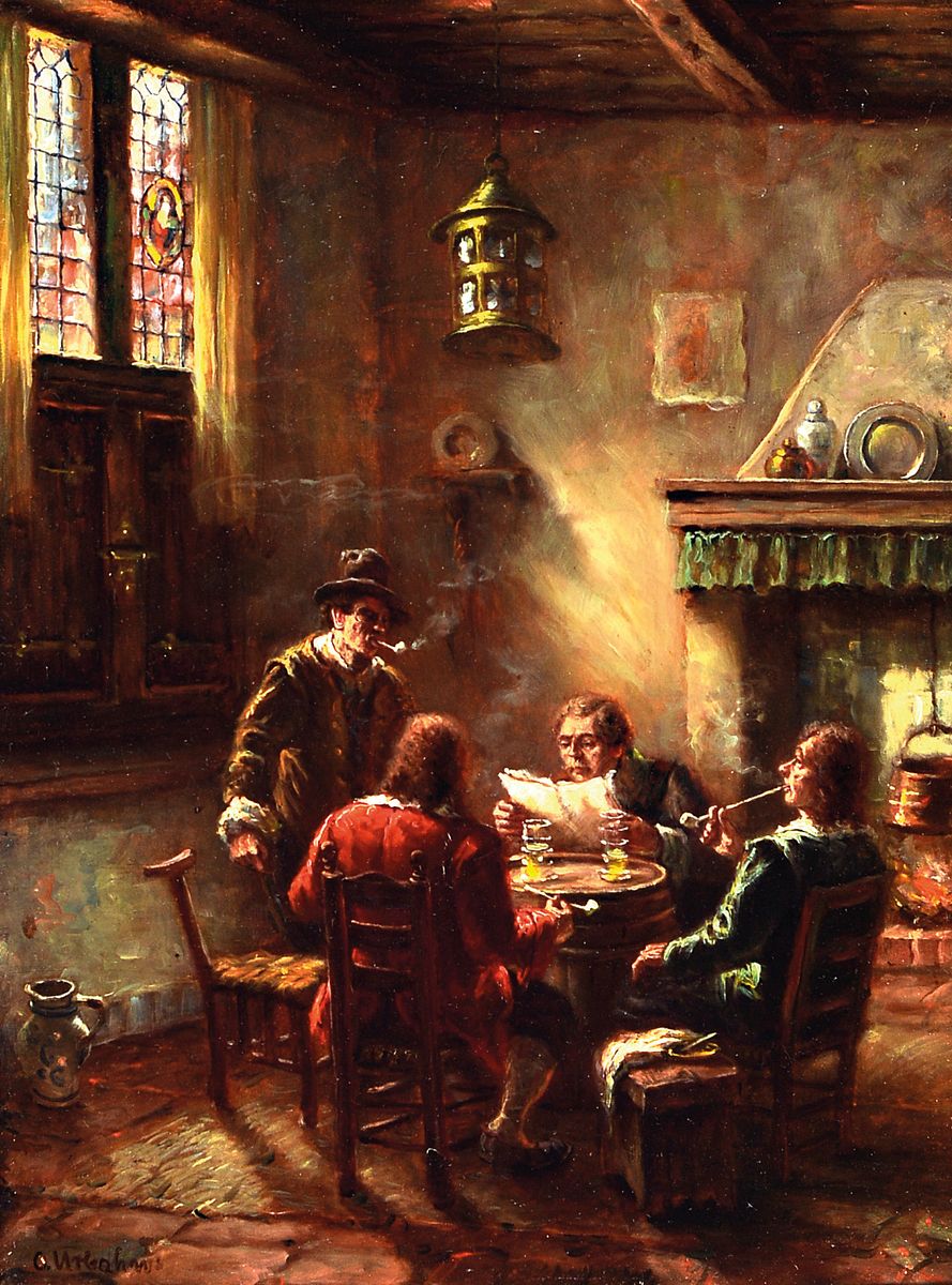 Oskar Urbahn, Künstler des 19./20.Jh., Bauerninterieur, vier Herren um ein Schriftstück versammelt, typ. Sujet Urbahns, um 1900, links unten ...