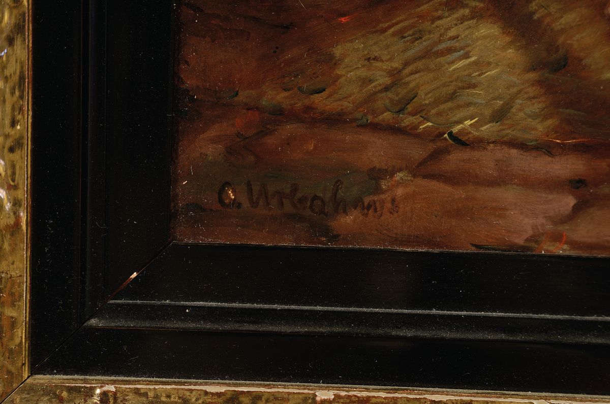Detail a: Oskar Urbahn, Künstler des 19./20.Jh., Bauerninterieur, vier Herren um ein Schriftstück versammelt, typ. Sujet Urbahns, um 1900, links unten ...