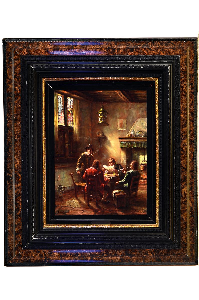 Detail k: Oskar Urbahn, Künstler des 19./20.Jh., Bauerninterieur, vier Herren um ein Schriftstück versammelt, typ. Sujet Urbahns, um 1900, links unten ...