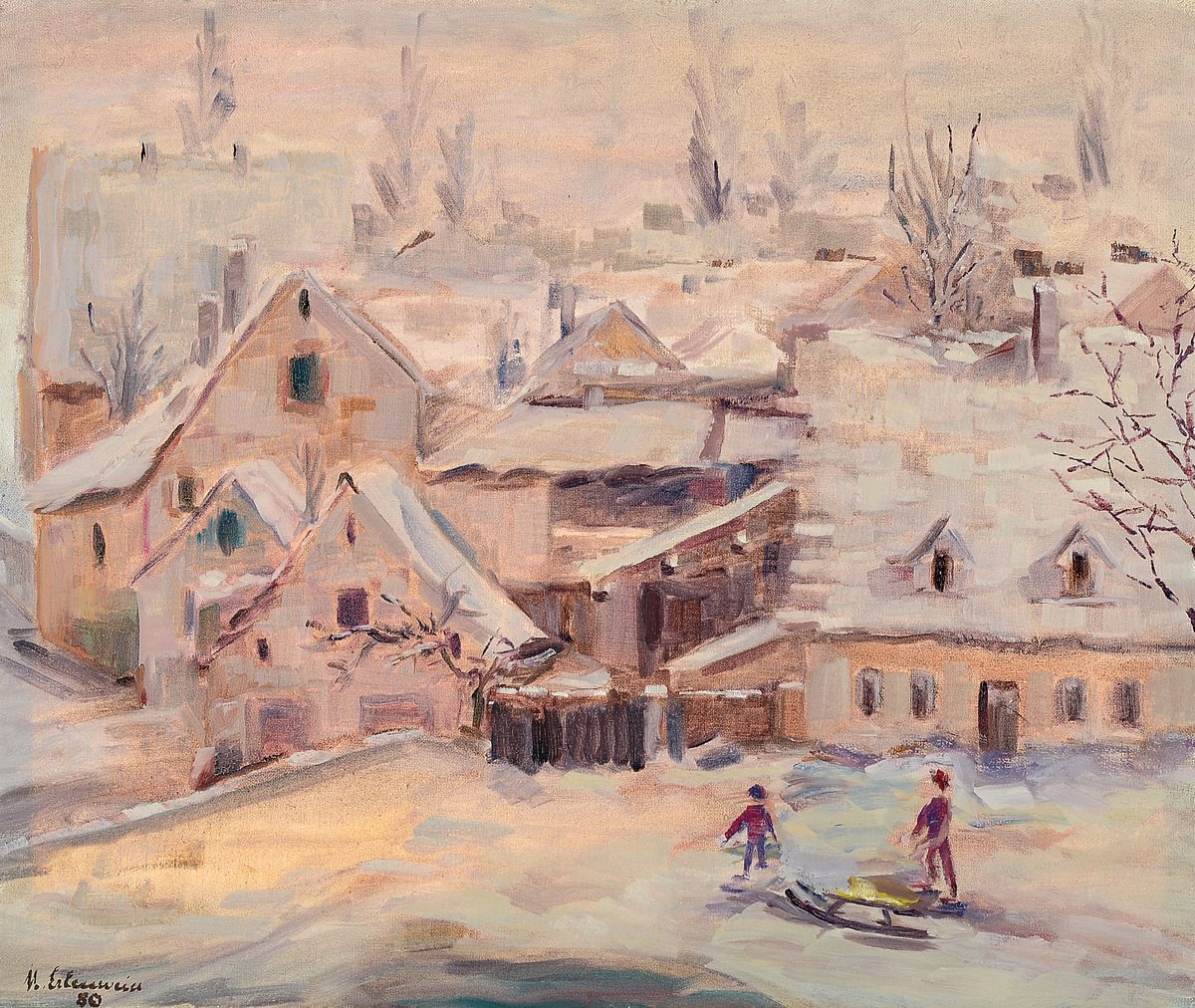 Margot Erlenwein-Semmler, 1907 Durlach - 1999 Landau, verschneite Stadtlandschaft mit Kindern beim Rodeln, rückeitig bez. "Räuschel", ...