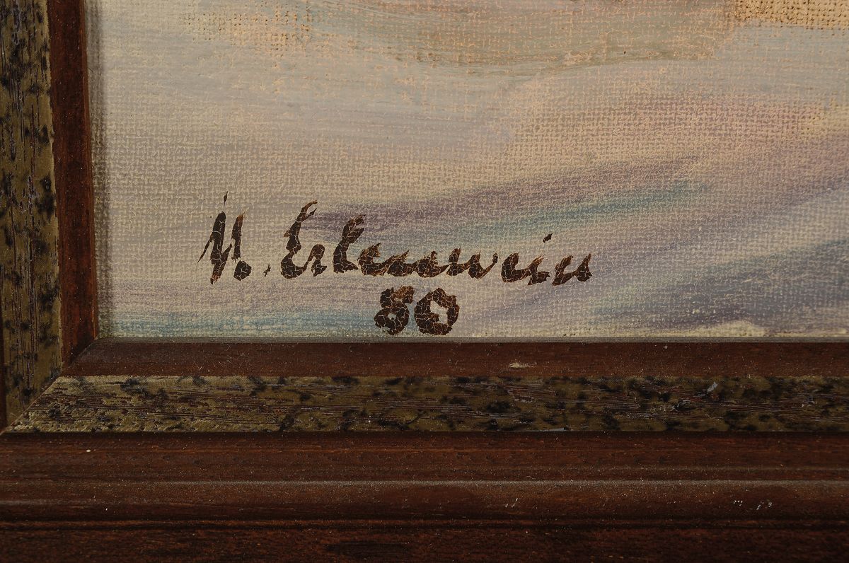 Detail a: Margot Erlenwein-Semmler, 1907 Durlach - 1999 Landau, verschneite Stadtlandschaft mit Kindern beim Rodeln, rückeitig bez. "Räuschel", ...