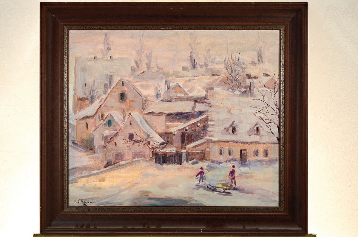 Detail k: Margot Erlenwein-Semmler, 1907 Durlach - 1999 Landau, verschneite Stadtlandschaft mit Kindern beim Rodeln, rückeitig bez. "Räuschel", ...