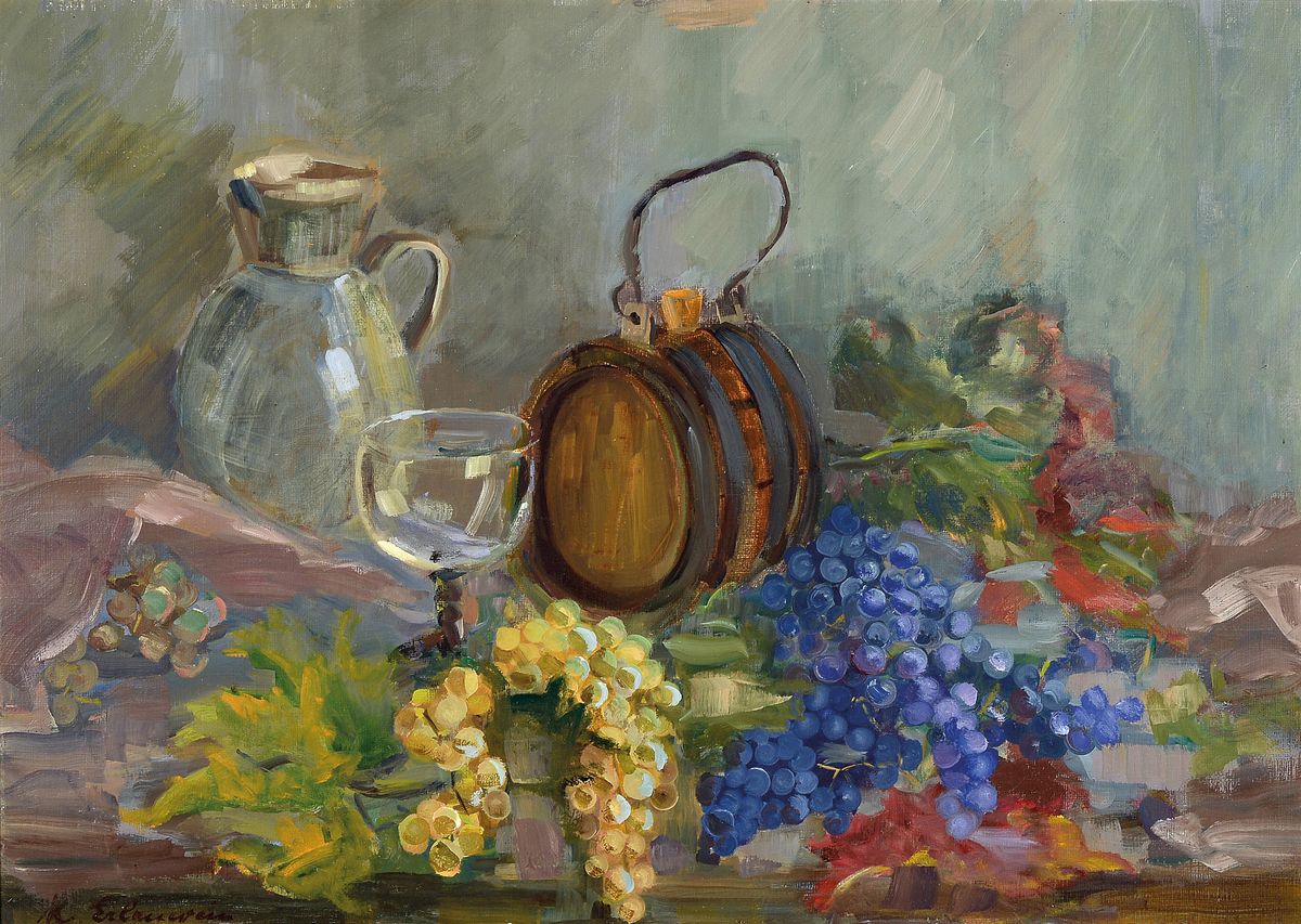 Margot Erlenwein-Semmler, 1907 Durlach - 1999 Landau, Weinstillleben mit Reben, Fässchen, Glas u. Krug, Öl/Malkarton, links unten signiert, verso ...