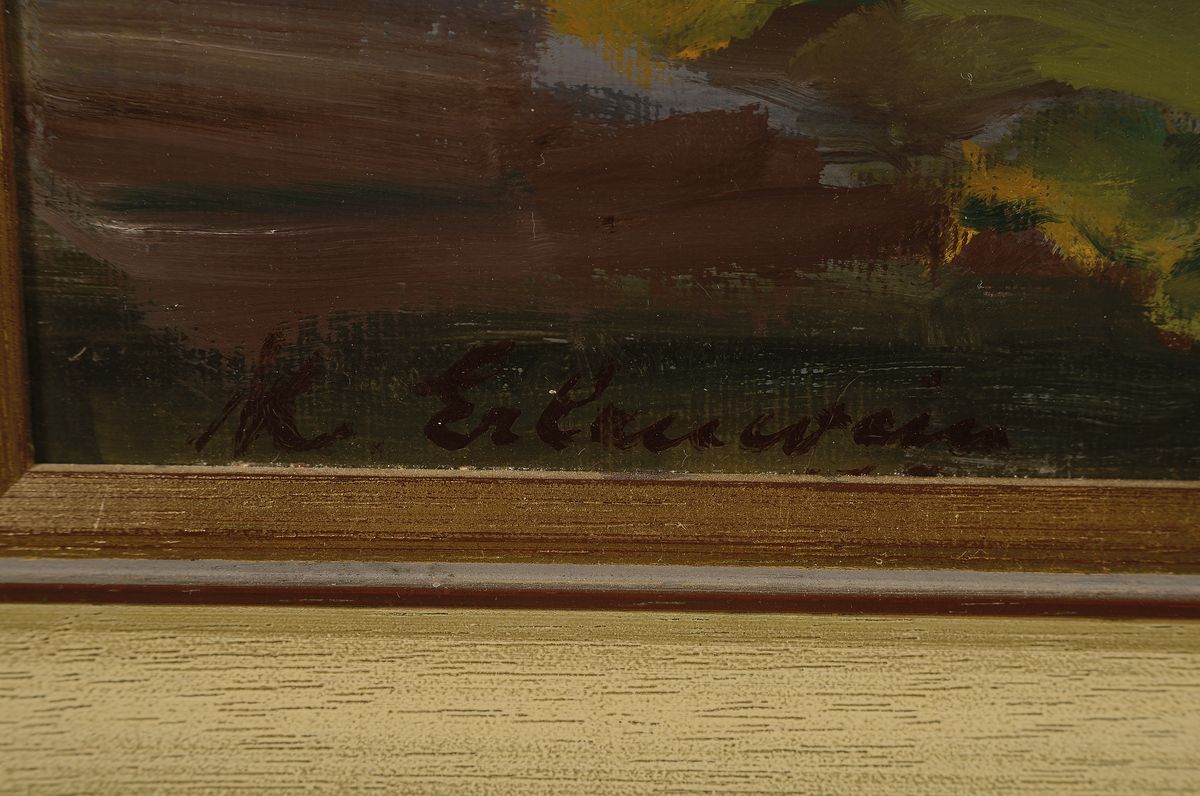 Detail a: Margot Erlenwein-Semmler, 1907 Durlach - 1999 Landau, Weinstillleben mit Reben, Fässchen, Glas u. Krug, Öl/Malkarton, links unten signiert, verso ...