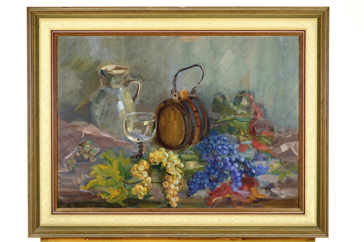 Detail k: Margot Erlenwein-Semmler, 1907 Durlach - 1999 Landau, Weinstillleben mit Reben, Fässchen, Glas u. Krug, Öl/Malkarton, links unten signiert, verso ...