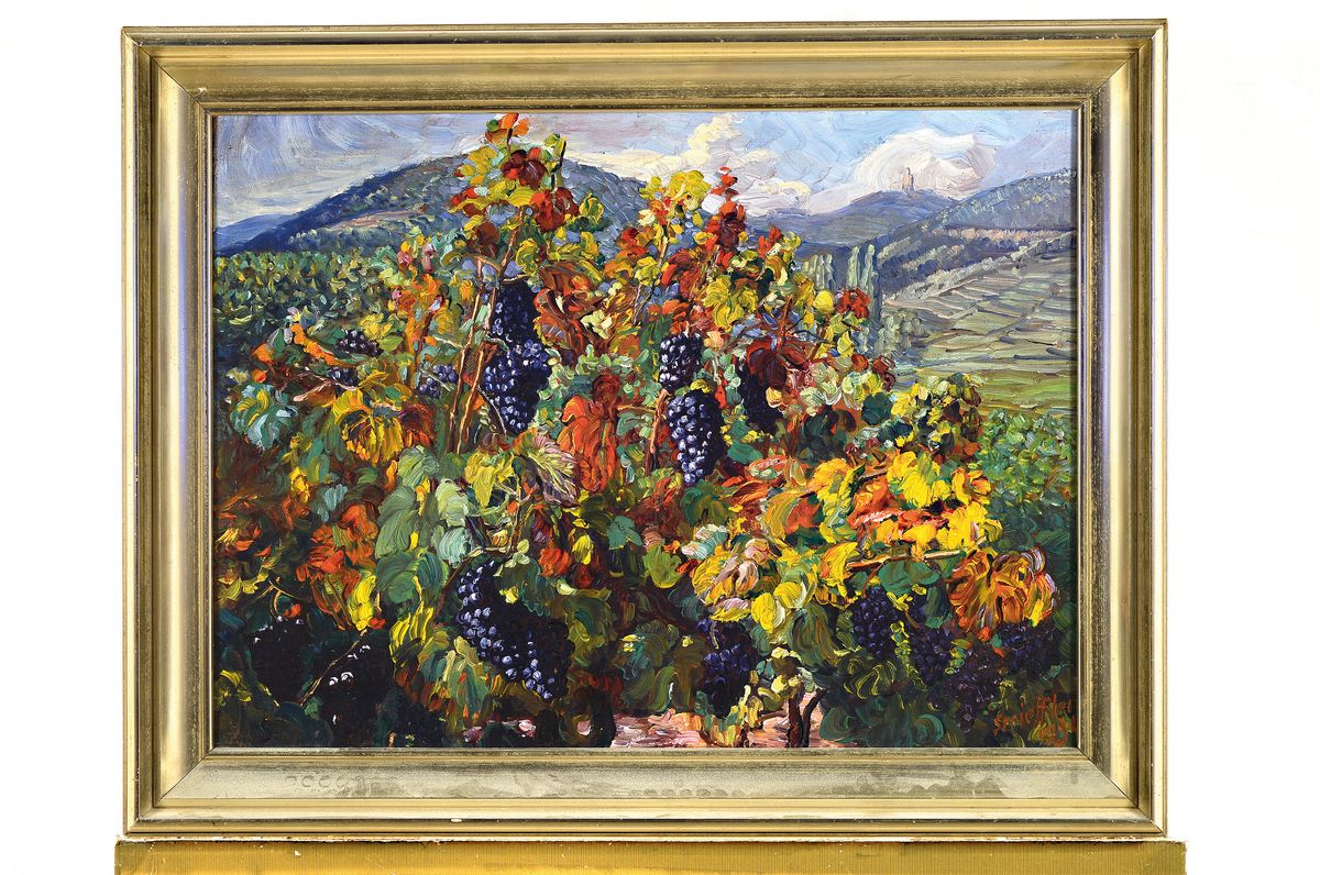 Detail k: Heinrich Strieffler, 1872 - 1949 Neustadt, Lithographen-Lehre, Studium an der Akademie München, Pfälzer Landschaft mit Blick auf die Trifels im ...