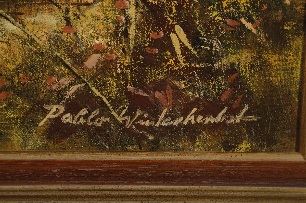 Detail a: Pablo E. Winterherbst, geb. 1939, "Wildenten im Moor", so verso auf altem Etikett bez., rechts unten signiert, Öl/Lwd, Rahmen, 60x80 cm
