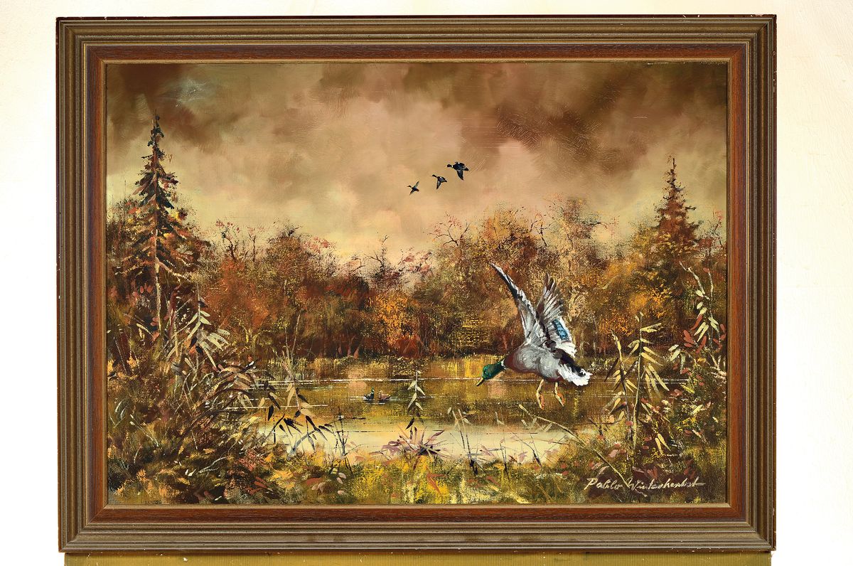 Detail k: Pablo E. Winterherbst, geb. 1939, "Wildenten im Moor", so verso auf altem Etikett bez., rechts unten signiert, Öl/Lwd, Rahmen, 60x80 cm