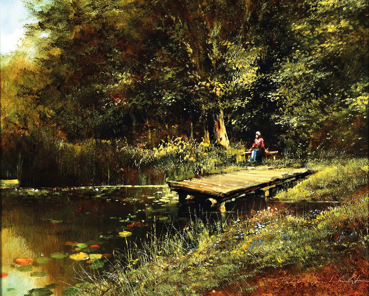 Pablo E. Winterherbst, geb. 1939, "Am Waldweiher", verso auf altem Etikett bez., rechts unten signiert, Öl/Lwd, Rahmen 54x66 cm
