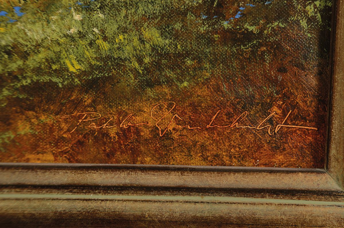 Detail a: Pablo E. Winterherbst, geb. 1939, "Am Waldweiher", verso auf altem Etikett bez., rechts unten signiert, Öl/Lwd, Rahmen 54x66 cm