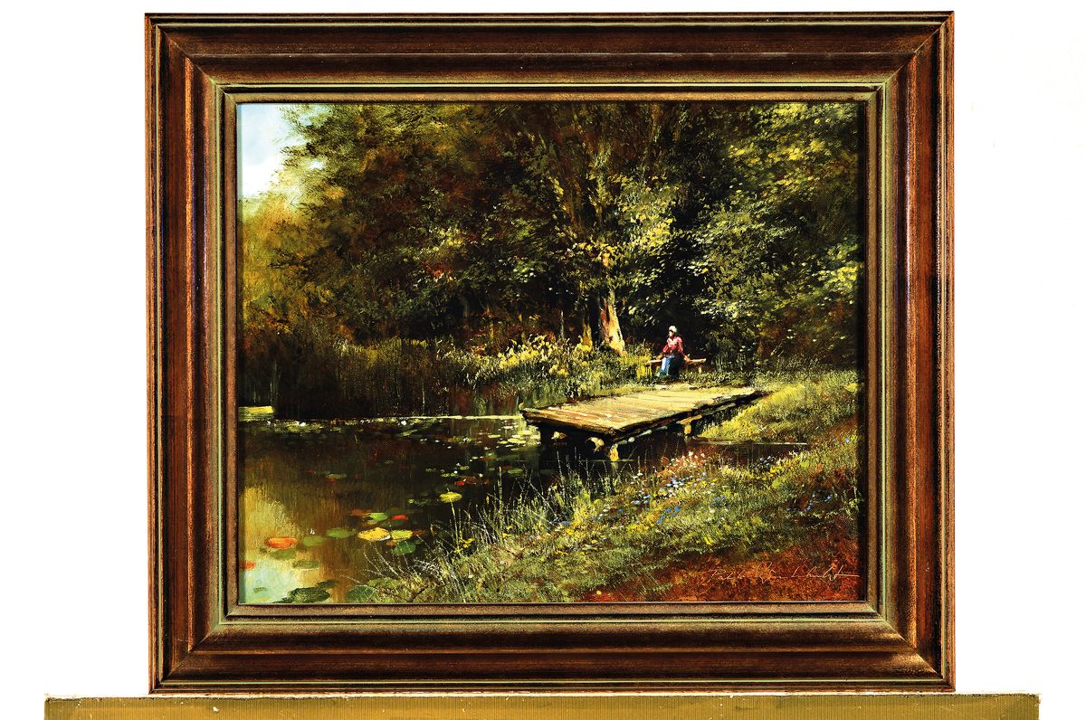 Detail k: Pablo E. Winterherbst, geb. 1939, "Am Waldweiher", verso auf altem Etikett bez., rechts unten signiert, Öl/Lwd, Rahmen 54x66 cm