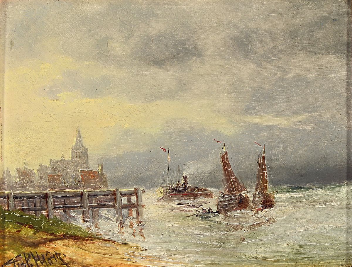 Prof. Hugo Görz, wohl Düsseldorfer Malschule um 1900, Marinemotiv, Dampfer und Fischerboote vor der Anlegestelle, bewegte Seeund Wolkenformationen, ...