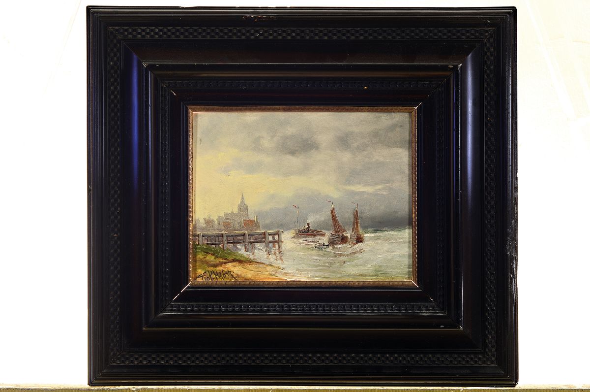 Detail k: Prof. Hugo Görz, wohl Düsseldorfer Malschule um 1900, Marinemotiv, Dampfer und Fischerboote vor der Anlegestelle, bewegte Seeund Wolkenformationen, ...