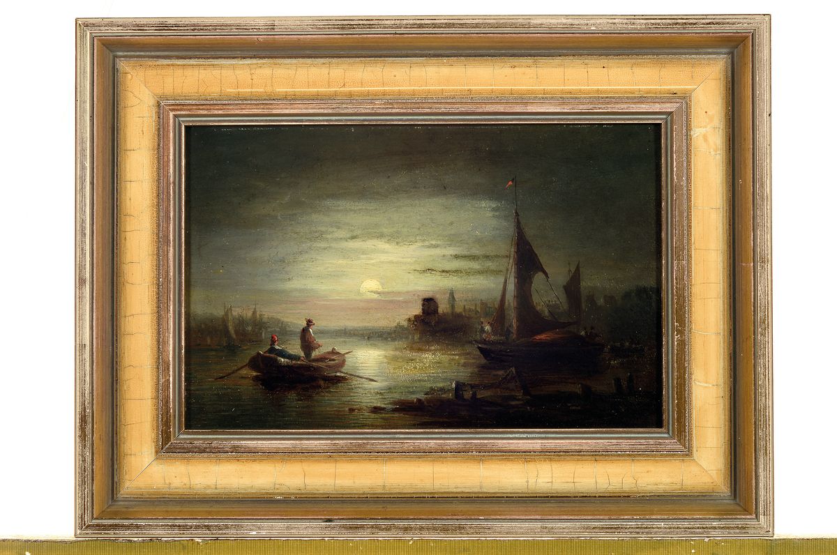 Detail k: Düsseldorfer Malschule, Mitte 20. Jh., Hafenansicht im Mondlicht, Öl/Karton, unsigniert, im Vordergrund zwei Männer in einem Ruderboot, seitlich ...