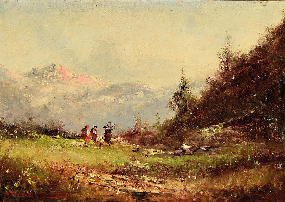 Athos Renzo Brioschi, Italien, 1910-2000, Alpenlandschaft mit drei bäuerlichen Staffagefiguren, Alpenglühen, links unten signiert, Öl/Karton, ...