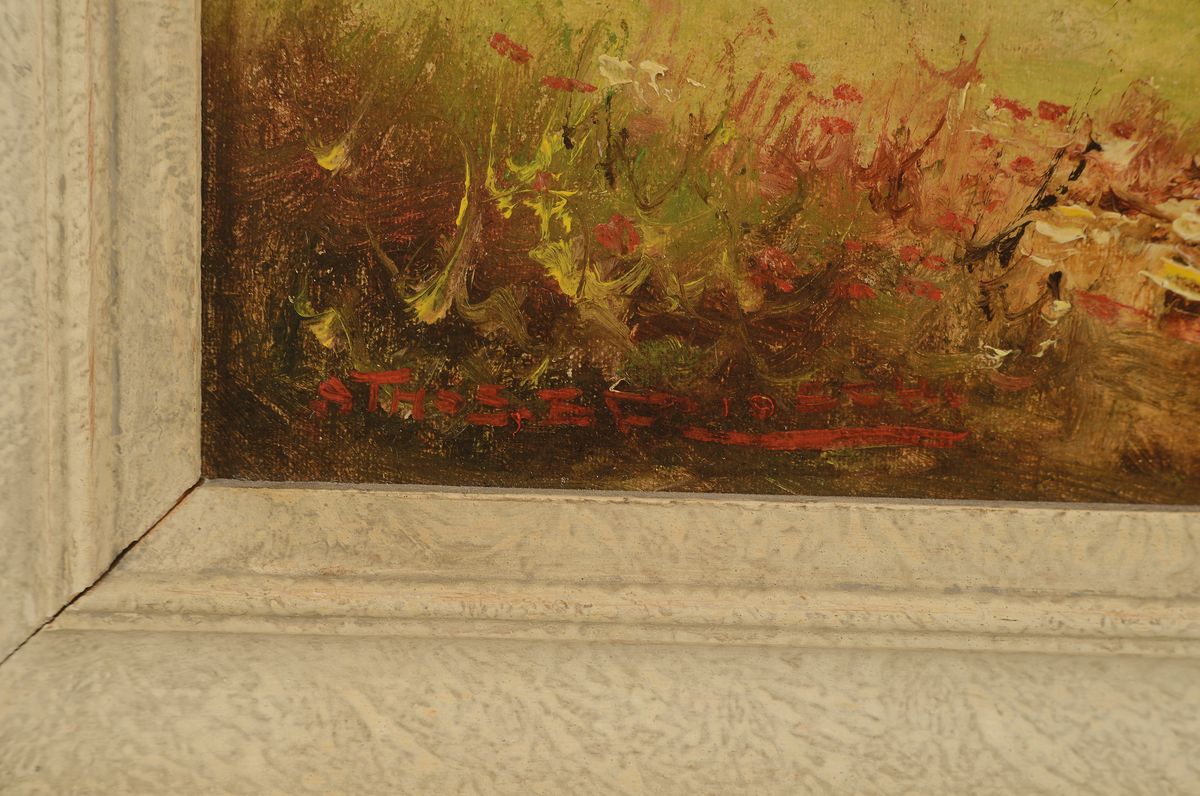 Detail a: Athos Renzo Brioschi, Italien, 1910-2000, Alpenlandschaft mit drei bäuerlichen Staffagefiguren, Alpenglühen, links unten signiert, Öl/Karton, ...