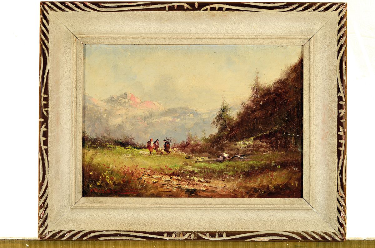 Detail k: Athos Renzo Brioschi, Italien, 1910-2000, Alpenlandschaft mit drei bäuerlichen Staffagefiguren, Alpenglühen, links unten signiert, Öl/Karton, ...