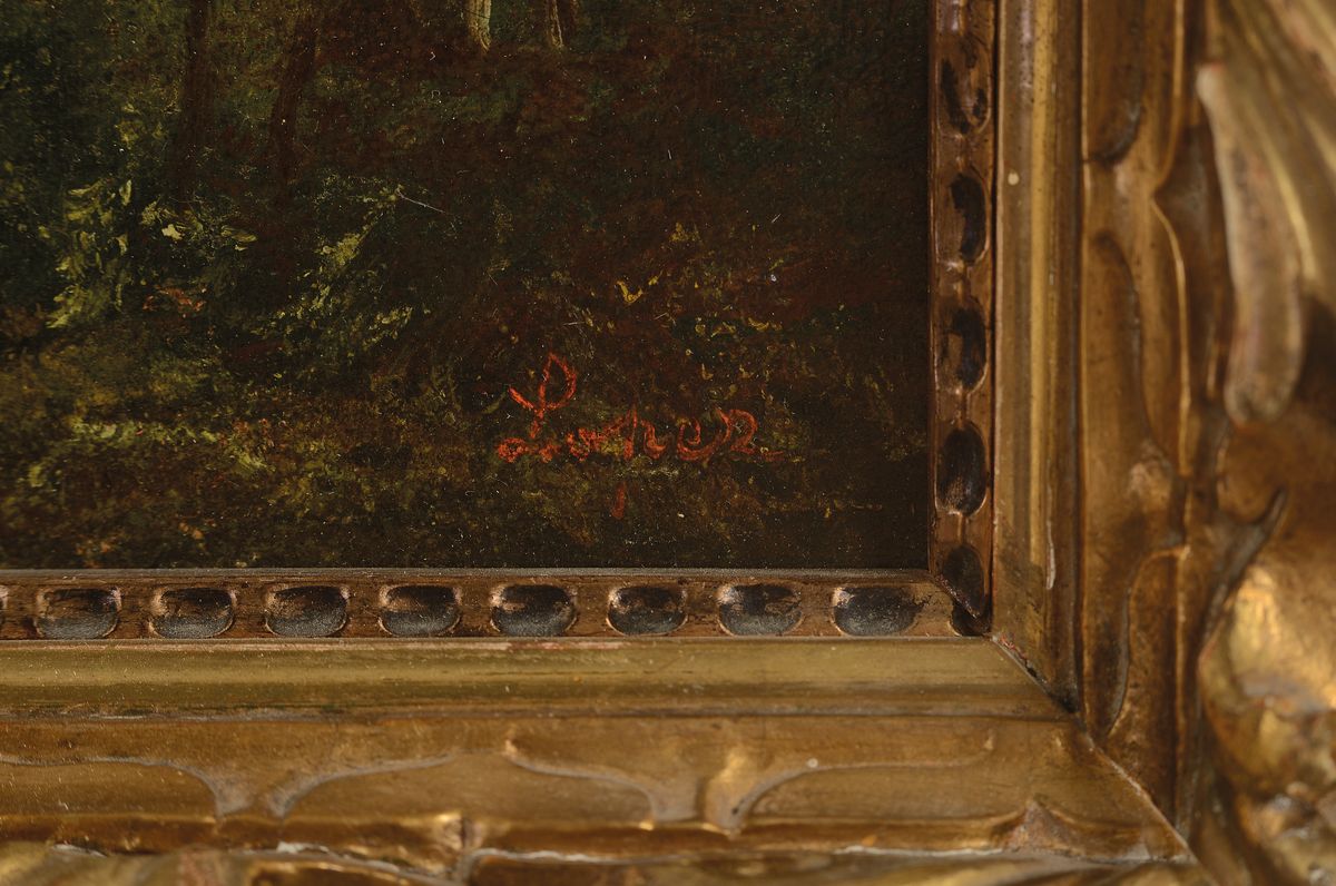 Detail a: Ungedeuteter Künstler um 1900, Waldlandschaft mit Blick auf eine Lichtung und Repoussoir, rechts unten signiert Lopez oder Lorenz o.ä., Öl/Lwd, ...