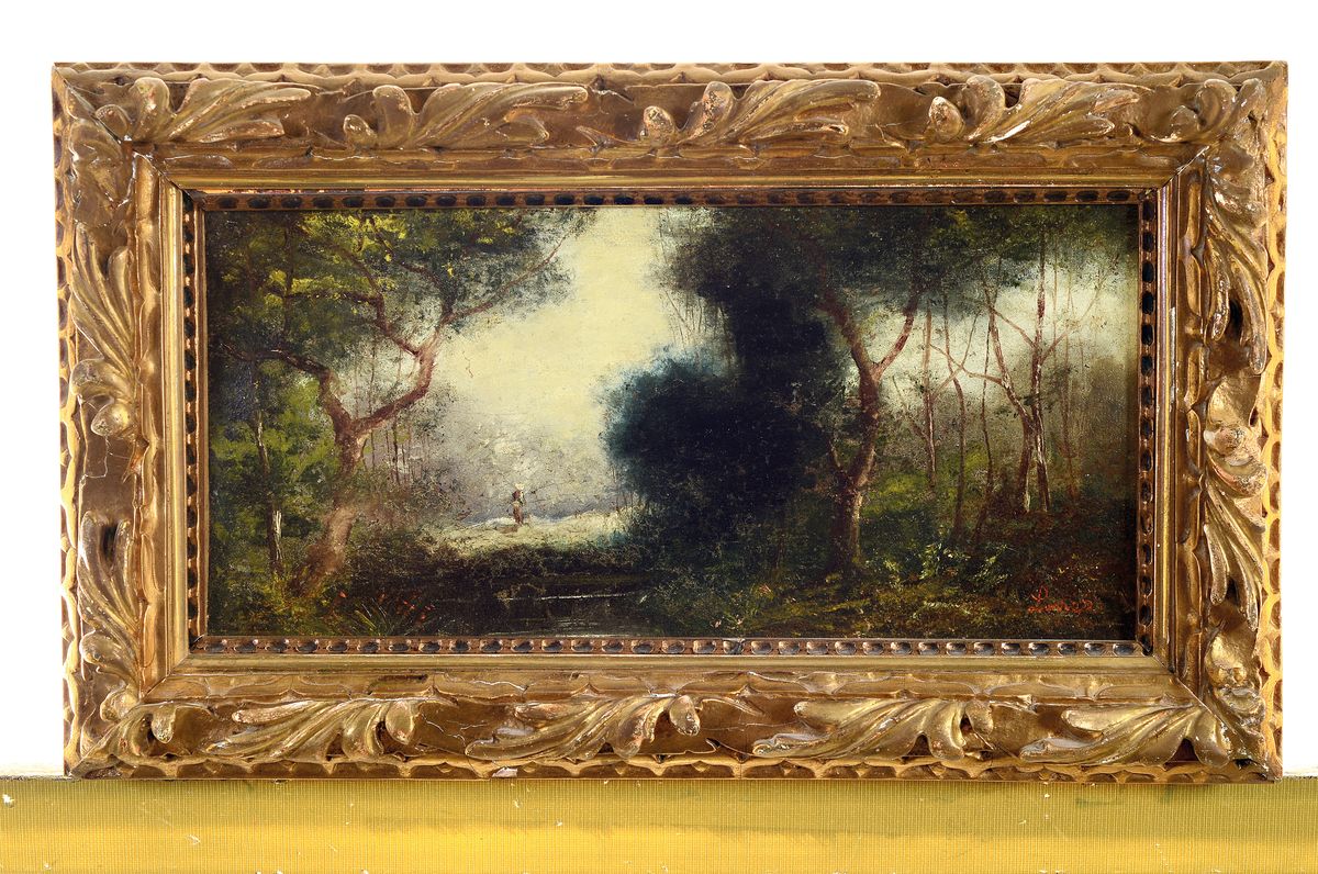 Detail k: Ungedeuteter Künstler um 1900, Waldlandschaft mit Blick auf eine Lichtung und Repoussoir, rechts unten signiert Lopez oder Lorenz o.ä., Öl/Lwd, ...