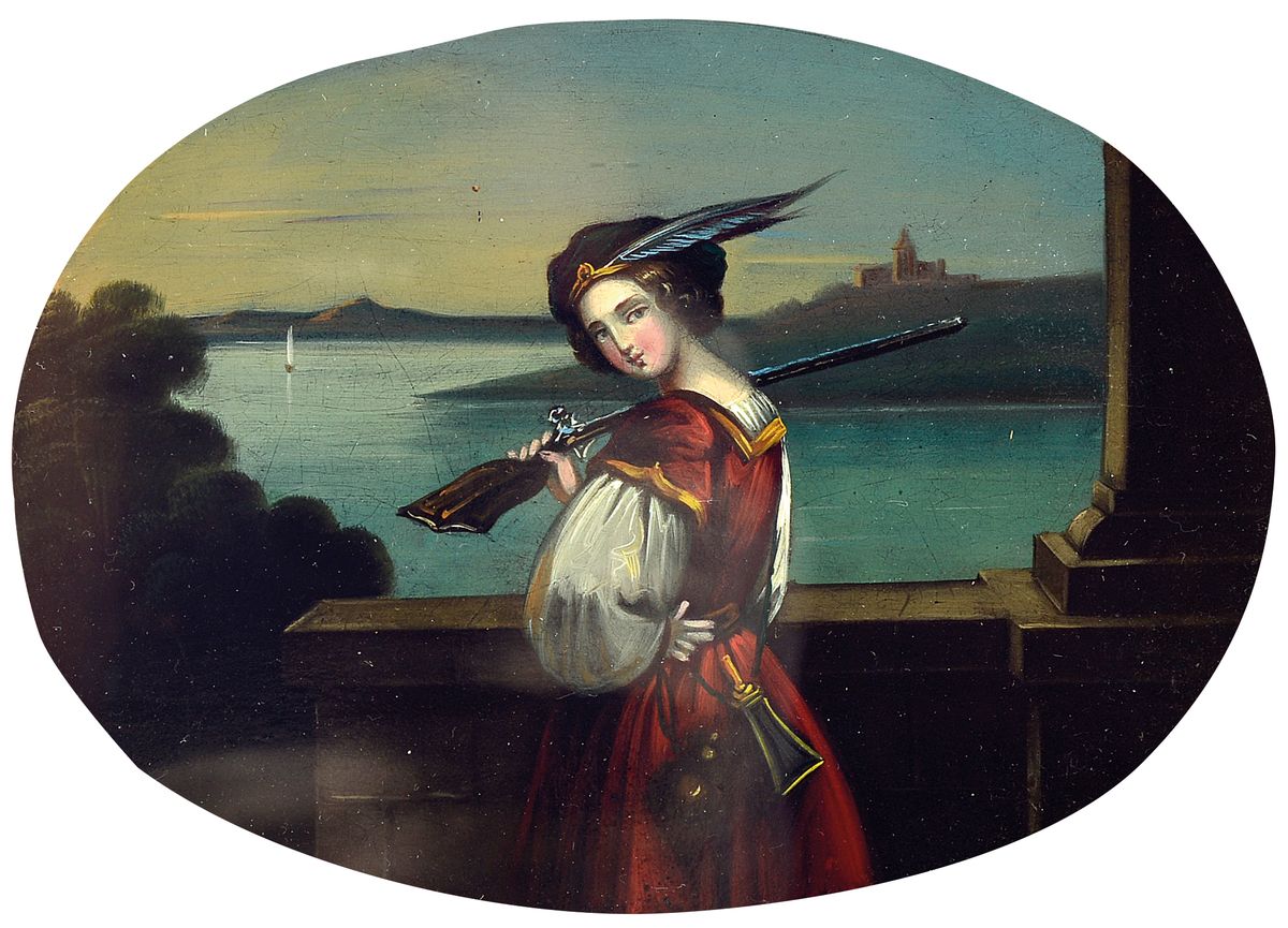 Italienischer Künstler, um 1830, bez.: "Schützen-Liesel", Öl/Kupfer, junge Jägerin mit der Flinte über der Schulter, vor romantischer ...