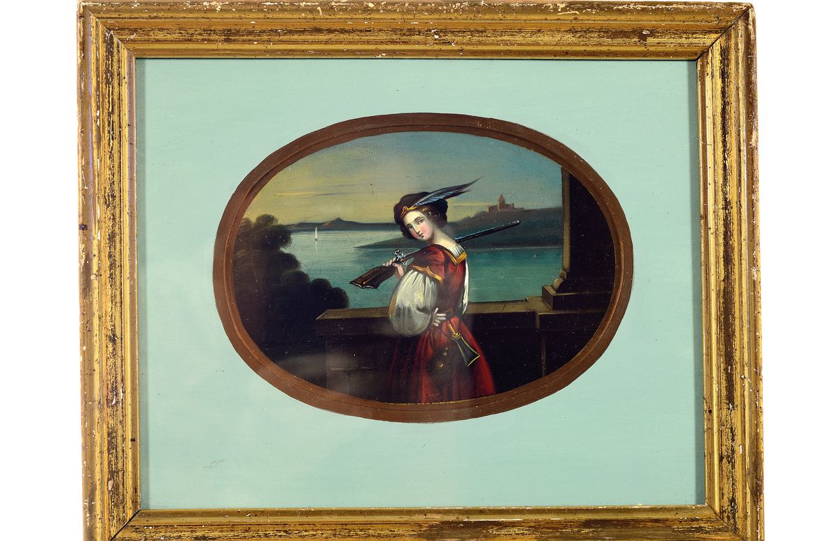 Detail k: Italienischer Künstler, um 1830, bez.: "Schützen-Liesel", Öl/Kupfer, junge Jägerin mit der Flinte über der Schulter, vor romantischer ...