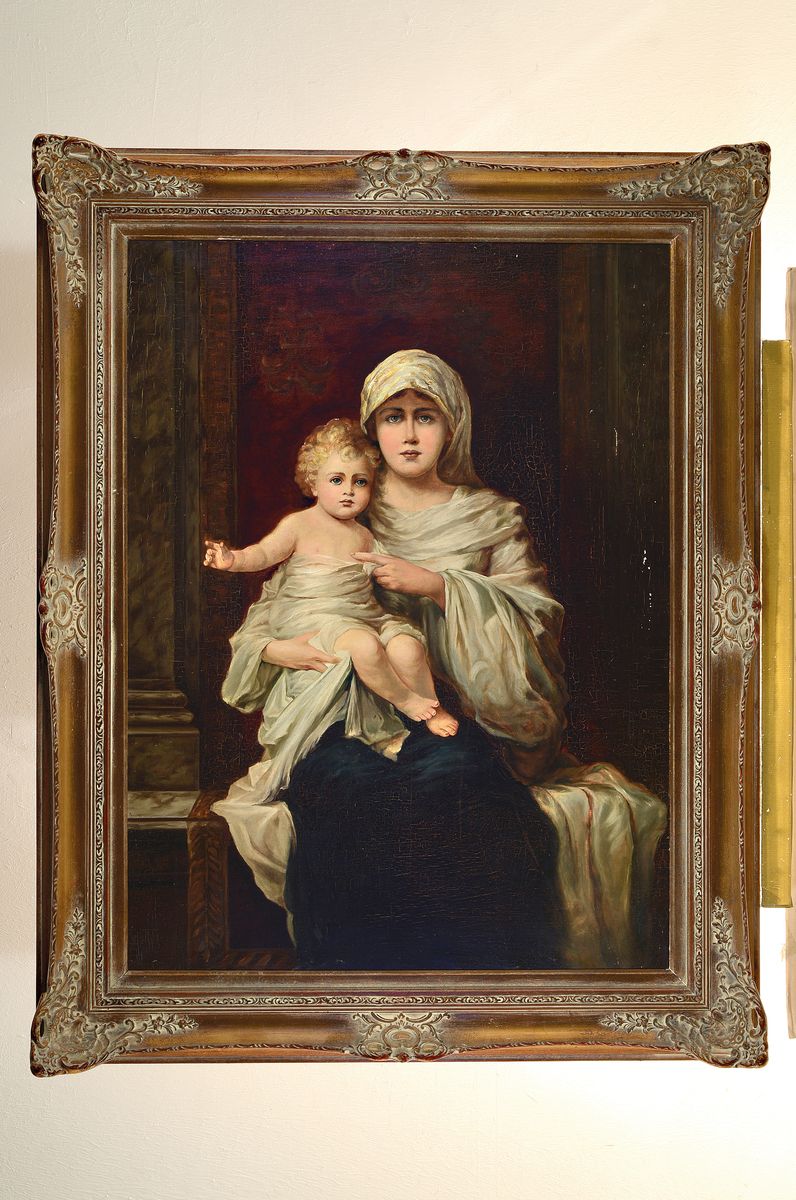 Detail k: Unbekannter Künstler um 1900, nach William Adolphe Bouguereau (1825-1905), Madonna mit Jesuskind, vor klassizistischer Architektur, typ. ...
