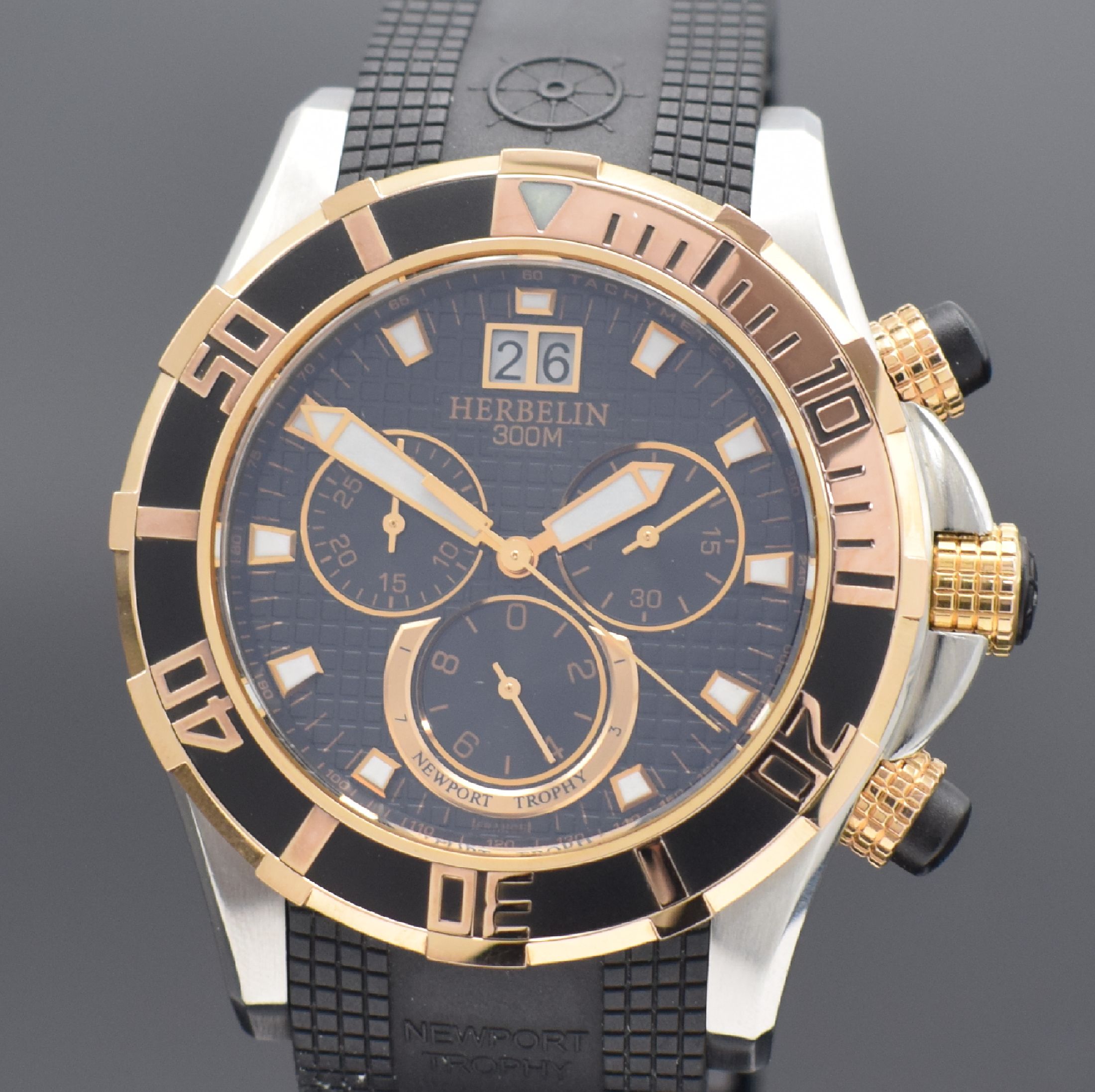 Detail a: MICHEL HERBELIN Armbandchronograph Newport Trophy Referenz 36690, Schweiz um 2015, z. T. verg. Edelstahlgeh. inkl. orig. Kautschukband m. dopp. ...