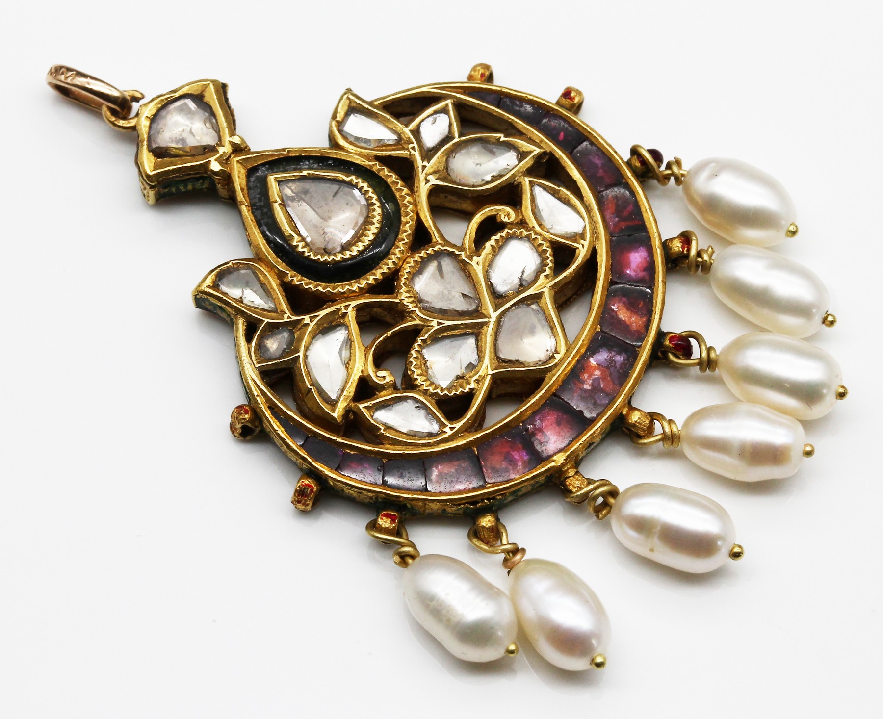 Detail a: Anhänger mit Diamanten und Email, GG 22 kt, Indien, 1 Seite mit reichem Diam.-Rosen- Besatz, 1 Seite grün, blau und rot emaill., ...