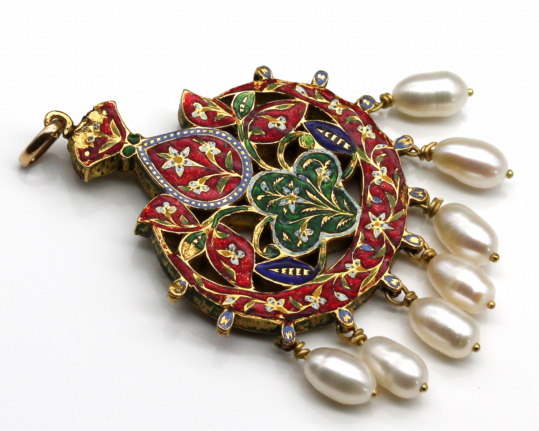 Detail b: Anhänger mit Diamanten und Email, GG 22 kt, Indien, 1 Seite mit reichem Diam.-Rosen- Besatz, 1 Seite grün, blau und rot emaill., ...