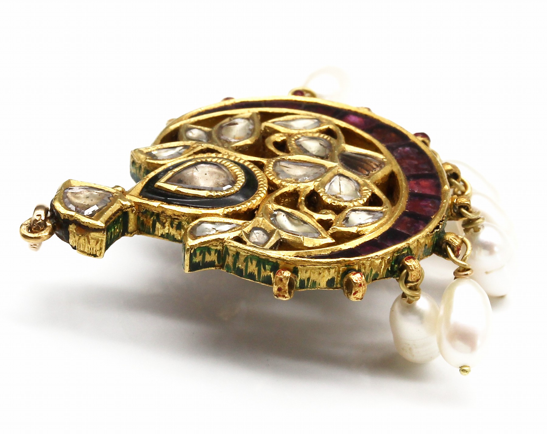 Detail c: Anhänger mit Diamanten und Email, GG 22 kt, Indien, 1 Seite mit reichem Diam.-Rosen- Besatz, 1 Seite grün, blau und rot emaill., ...