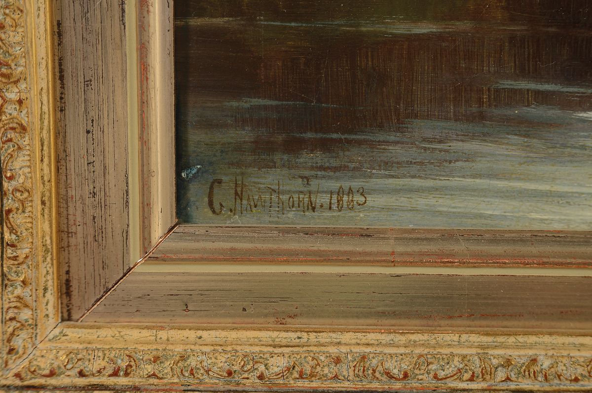 Detail a: C. Hawthorne, Maler der englischen Schule, dat. 1883, Flußlandschaft mit gärtnernden Menschen am Ufer, Öl/Lwd, links unten sign. und dat., ca. ...