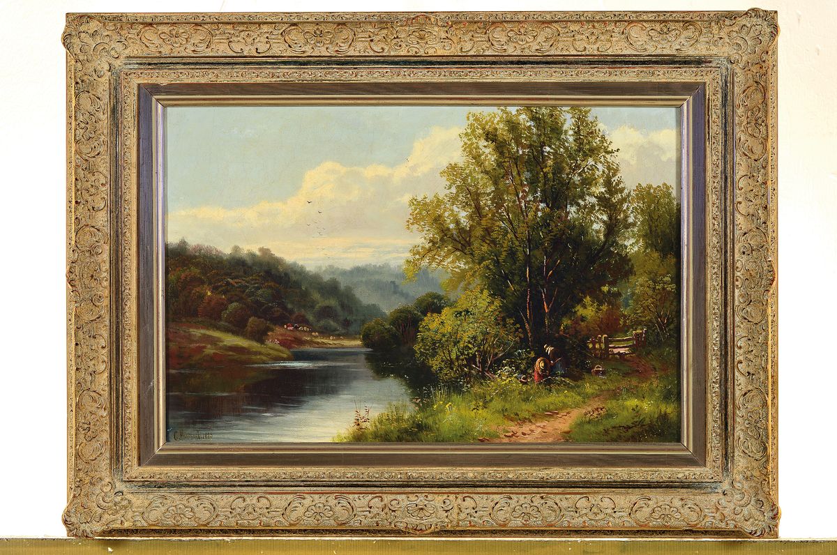 Detail k: C. Hawthorne, Maler der englischen Schule, dat. 1883, Flußlandschaft mit gärtnernden Menschen am Ufer, Öl/Lwd, links unten sign. und dat., ca. ...