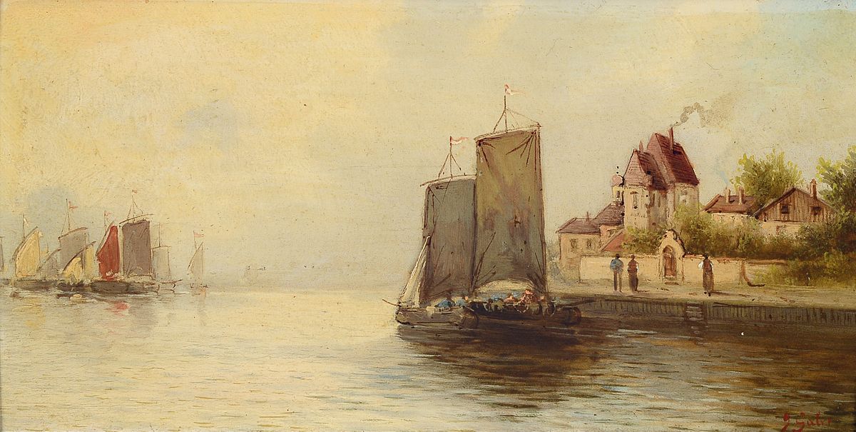 G. Salvi, Pseudonym des Adolf Kaufmann, 1848 Troppau-1916 Wien, Fischerboote vor der Stadt, Öl/Holz, rechts unten signiert, ca. 15.5x31.5cm, R. ca. ...