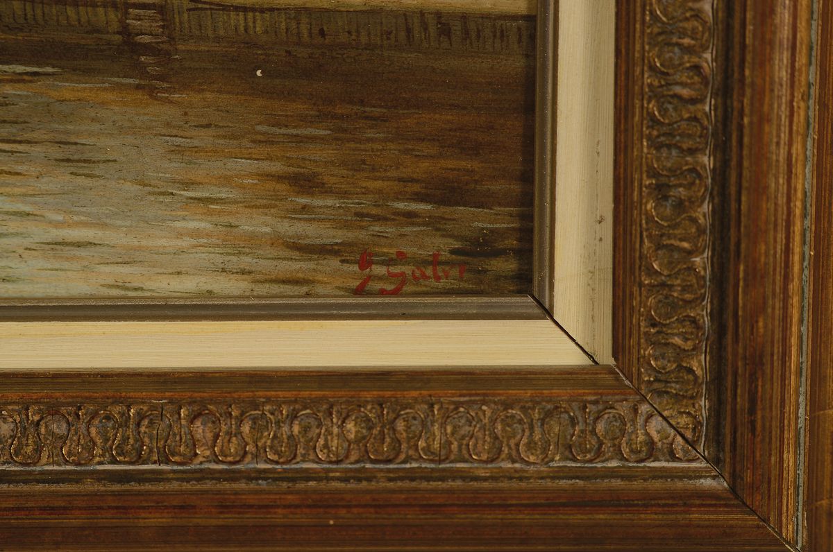 Detail a: G. Salvi, Pseudonym des Adolf Kaufmann, 1848 Troppau-1916 Wien, Fischerboote vor der Stadt, Öl/Holz, rechts unten signiert, ca. 15.5x31.5cm, R. ca. ...